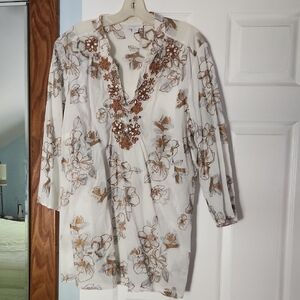 Charter Club Cream Embroidered 3/4 Sleeve Blouse